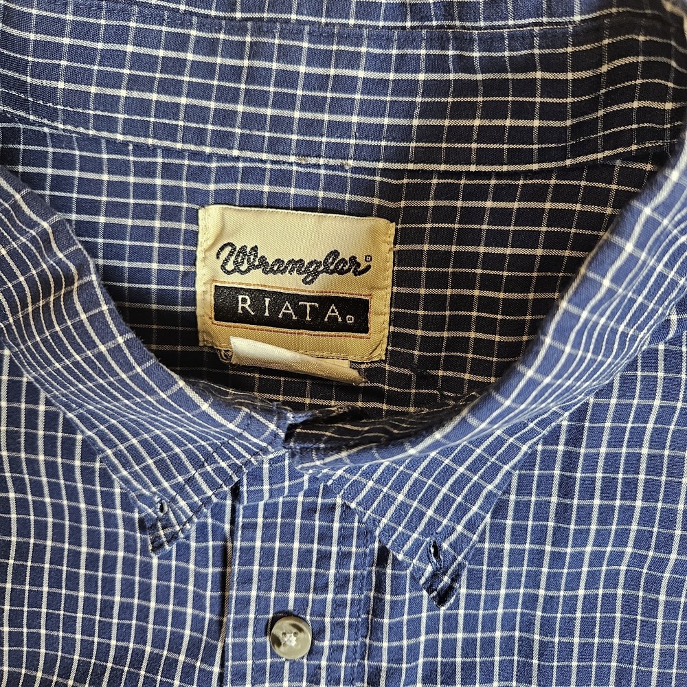 Wrangler Riata Mens Navy Blue White Micro Grid Check Button Down Shirt XL - Picture 5 of 16